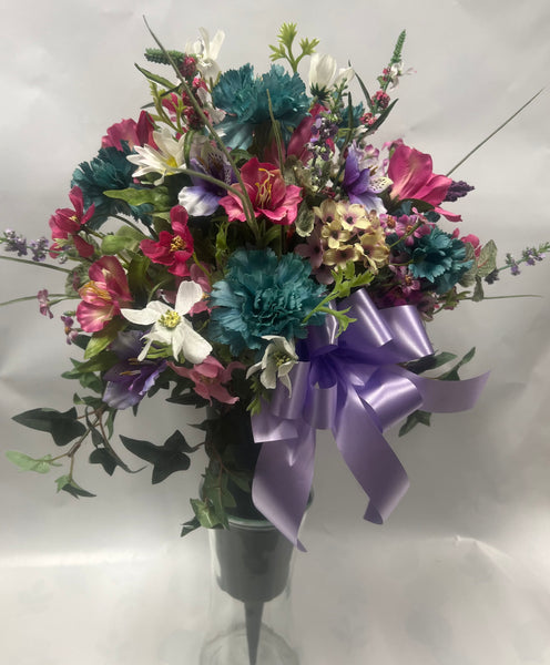 Artificial Cemetery Vase -Teal, Hot Pink, White, Purple, Mauve and Pink