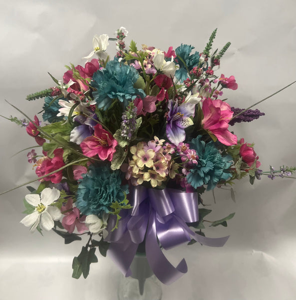 Artificial Cemetery Vase -Teal, Hot Pink, White, Purple, Mauve and Pink