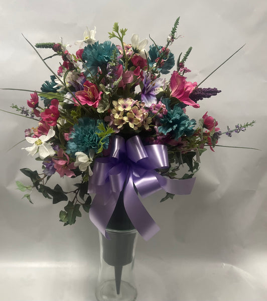 Artificial Cemetery Vase -Teal, Hot Pink, White, Purple, Mauve and Pink