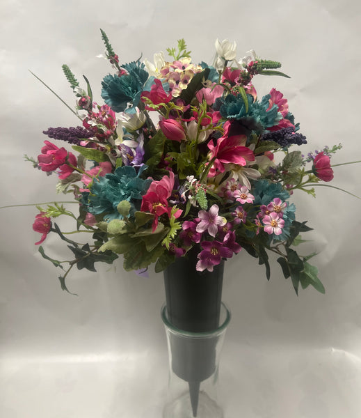 Artificial Cemetery Vase -Teal, Hot Pink, White, Purple, Mauve and Pink