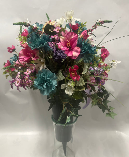 Artificial Cemetery Vase -Teal, Hot Pink, White, Purple, Mauve and Pink