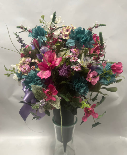 Artificial Cemetery Vase -Teal, Hot Pink, White, Purple, Mauve and Pink