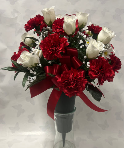 Artificial Cemetery Vase -Red and White